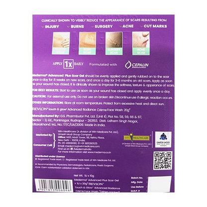 MEDERMA NEW ADVANCED PLUS SCAR (FREE REVLON TOUCH & GLOW CREME FACE WASH 20GM) Gel 10g - Global Surgicals