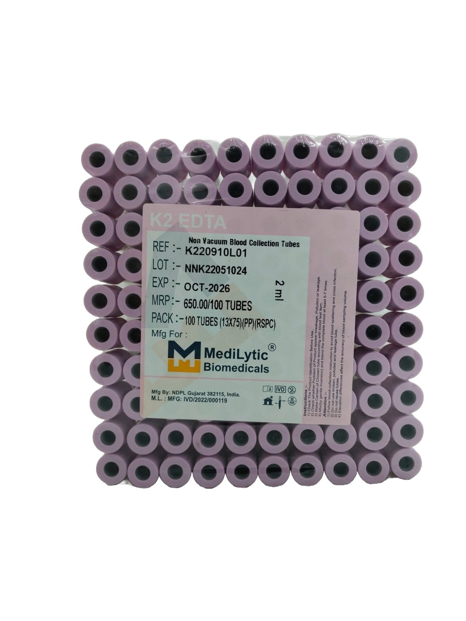 Medilytic Biomedicals K2 EDTA Non Vaccum Blood Collection Tube - Global Surgicals