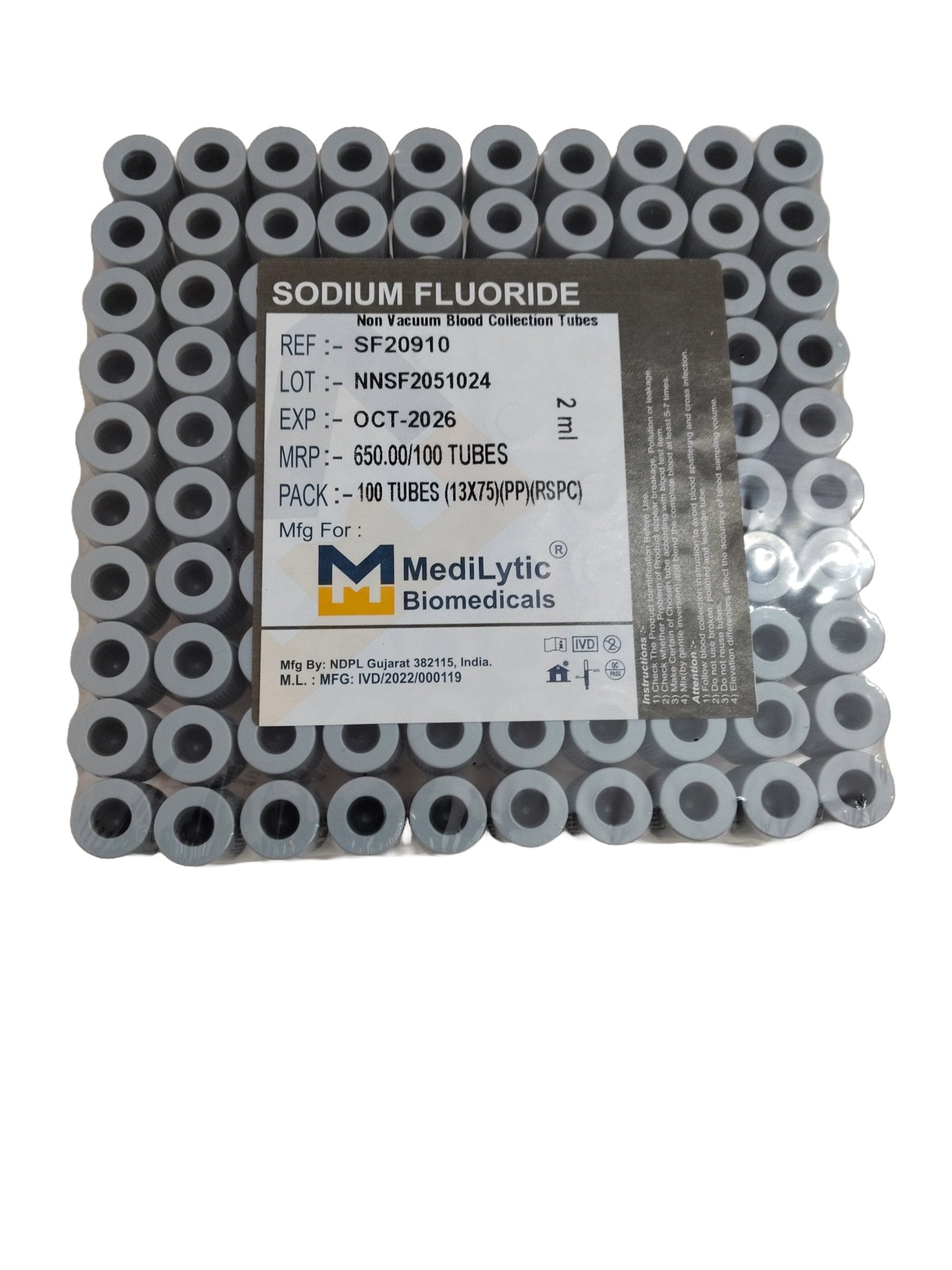 Medilytic Biomedicals Sodium Fluoride Non Vaccum Blood Collection Tube - Global Surgicals