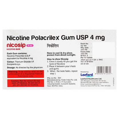 NICOSIP 4 MG SUGAR FREE MINT FLAVOUR Gum 10's - Global Surgicals