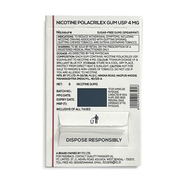NICOSURE 4MG SUGAR FREE SPEARMINT FLAVOUR Gum 8's - Global Surgicals