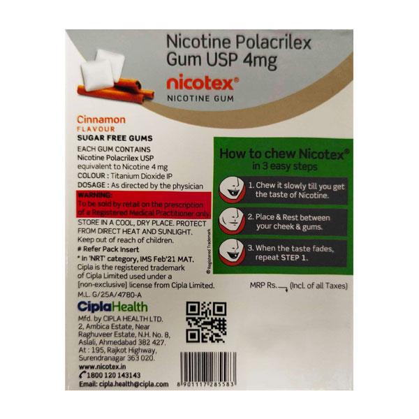 NICOTEX CINNAMON FLAVOUR SUGAR FREE 4mg Chew Gum 12's - Global Surgicals