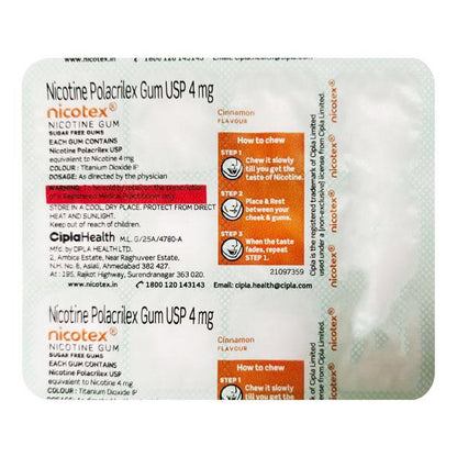 NICOTEX CINNAMON FLAVOUR SUGAR FREE 4mg Chew Gum 12's - Global Surgicals