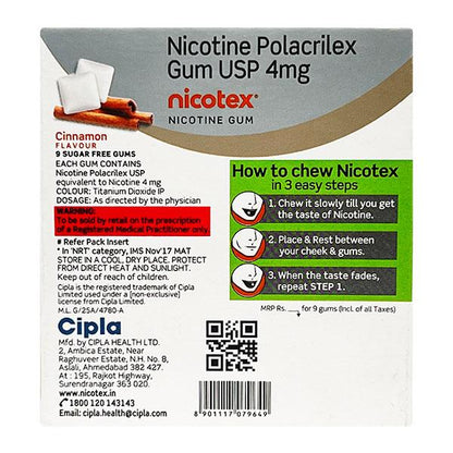 Nicotex Cinnamon Flavour Sugar Free 4mg Chew Gum Tablet 9'S - Global Surgicals