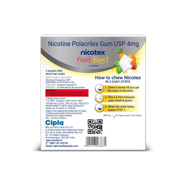 NICOTEX FRUIT BURST FLAVOUR SUGAR FREE 4mg Chew Gum 9's - Global Surgicals