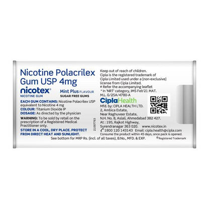 NICOTEX MINT PLUS FLAVOUR SUGAR FREE GUMS 4mg Tablet 29's - Global Surgicals