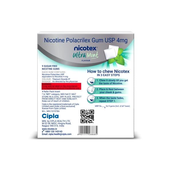 NICOTEX ULTRA MINT FLAVOUR SUGAR FREE 4mg Chew Gum 9's - Global Surgicals