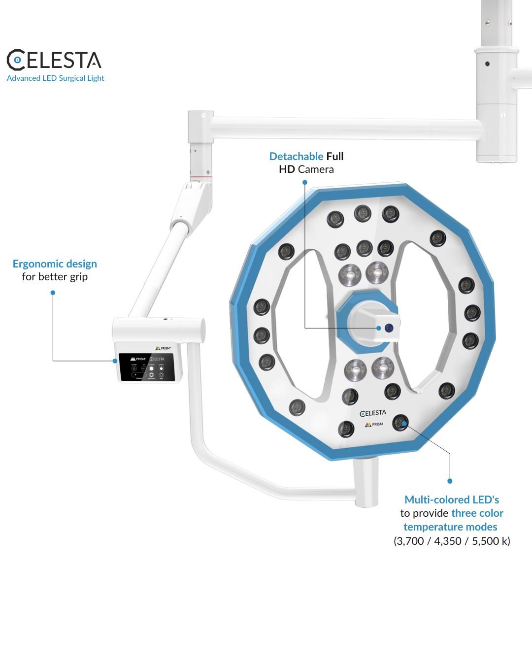 Prism LED OT Light Celesta - H+F+F Triple Dome Cardiac Pro Ceiling Mount - Global Surgicals
