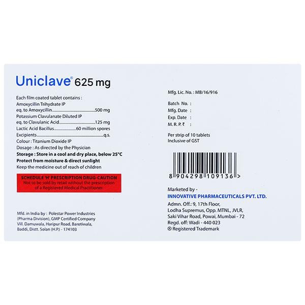 UNICLAVE 625mg Tablet 10's