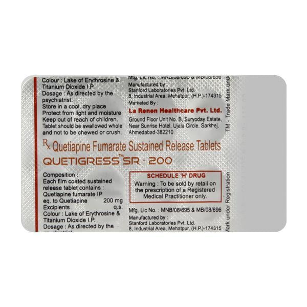 Quetigress SR 200mg Tablet 10'S - Global Surgicals