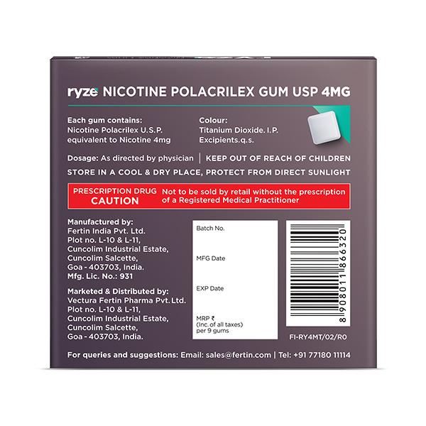 RYZE SUGAR FREE FROSTY MINT NICOTINE 4mg Gum 9's - Global Surgicals