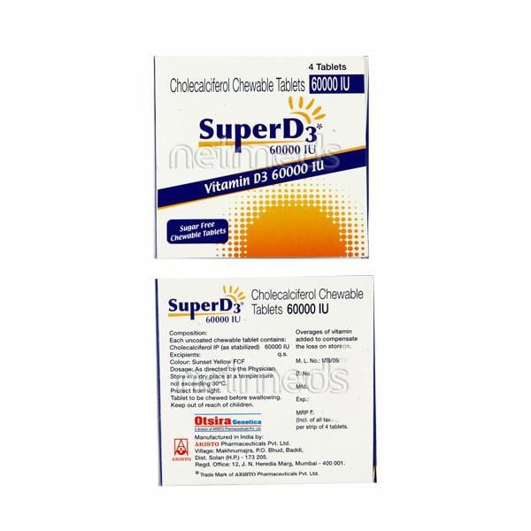 Super D3 60000IU Sugar Free Chewable Tablet 4's - Global Surgicals