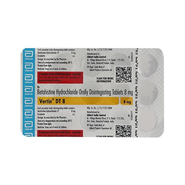 VERTIN DT 8 Tablet 15's - Global Surgicals